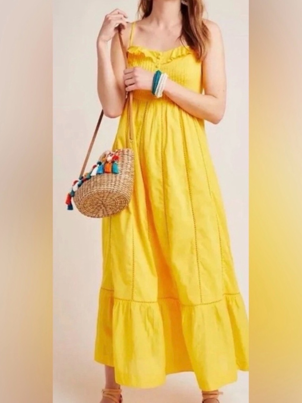 Anthropologie Yellow Ruffled Strap Maxi Dress